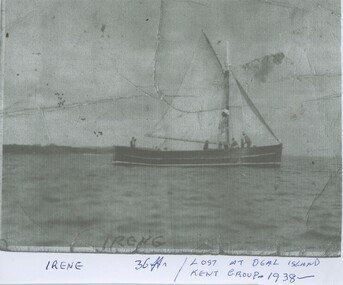 004390 - Photograph - Irene - 36ft - Lost at Deal Island Kent Group 1938 - Bob Young climbing the mast six years old - from Bob Young
