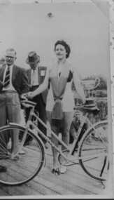 000917 - Photograph - Inverloch - Jenny Whitelaw - 1938 Miss Inverloch Contest  Winner with bicycle - held where bowling club is now - from Hazel Swift