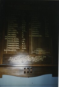 000981 - Photograph - portion of Roll of Honour in Uniting Church Kongwak - World War I 1914-1918 - note Halford brothers - taken July-August 1997 - from Nancye Durham