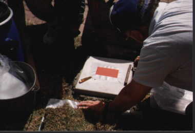 001229 Photograph - January 1998 - Bass Bicentenary Time Capsule - Levelling plaque slab - from P Jones