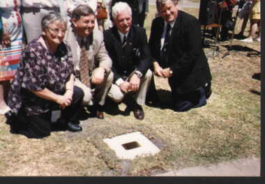 001235 Photograph - January 1998 - Bass Bicentenary Time Capsule - Inspecting the plaque - Nancye Durham, Ron Bowden MLA , Cr Don Cameron (Mayor), Gordon Harland - from P Jones