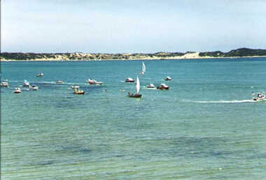 001263 - Photograph - January 1998 - San Remo - Bass Bicentenary - Whale boat Elizabeth approaching Griffiths Point - from Ken Howsam