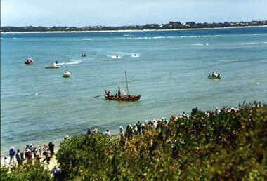001265 - Photograph - January 1998 - San Remo - Bass Bicentenary - Re-enactment - Goeorge Bass Whale boat Elizabeth approaching Griffiths Point - from Ken Howsam