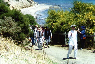001267 - Photograph - January 1998 - San Remo - Bass Bicentenary - Crew from Whale Boat Re-enactment being escorted by Commanding Officer HMAS - from Ken Howsam