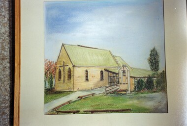 004237 Photograph - Copy of Anne Thorbecke's picture (pastel) of Inverloch Uniting Church, William St, Inverloch