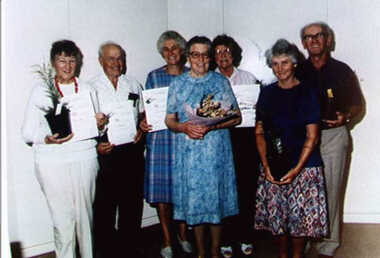 001059 - Photograph - March 1989 -SGCS Life Members -Jean Clarke -Os Brewster -Eulalie Brewster -Ellen Lyndon -Clive Excell -Lyn Chambers -Joe Chambers -from Cec Sainty