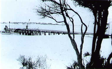 001289 - Photograph - Inverloch - c1928 - Jetty and beach from the east - crane and gaslight - from Jill Harrop