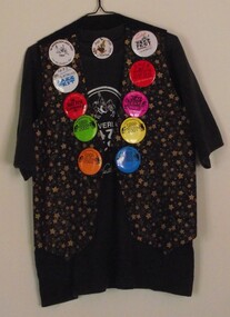 004426 - Artefact - Clothing - Outfit used by Jazz Festival Committee - T Shirt, Custome made Vest, and 11 badges - from Eileen Henderson - 001