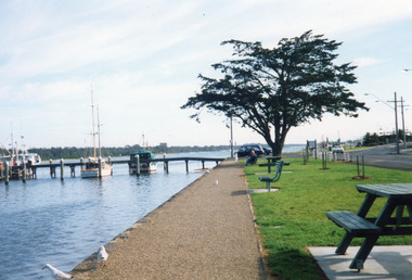 Photograph - Esplanade waterfront, jetty sign posted as Bank Jetty. Lakes Entrance Victoria 1999
