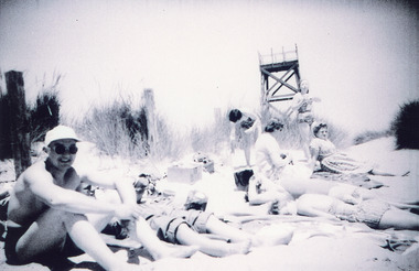 Photograph - Ocean beach  Royal Lifesaving Club Tower, Lakes Entrance  c1960, Scarce, Heather