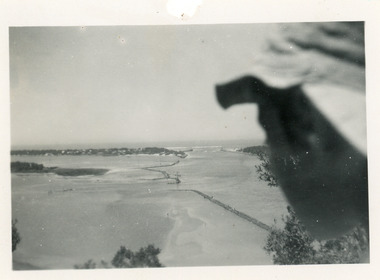 Photograph - Bullock Island and rock groynes, Carpenter Town settlement at New Works, and the Entrance at Lakes Entrance, Victoria, 1950c