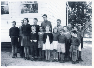 Photograph - Julian Casey McMahon and students at Wairewa State School 1960