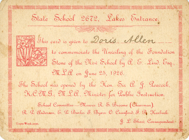 Postcard - Lakes Entrance State School Certificate 1926