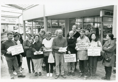 Photograph - Teachers and parents a stop work gathering at shopping arcade in Lakes Entrance Victoria 1993, Lakes Post Newspaper, 1993