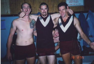 Photograph - Lakes Entrance football club, Kevin Stevens, Bob Maisey and Steve Campisi 1999, Lakes Post Newspaper