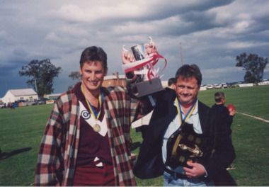 Photograph - Lakes Entrance Football Club, Jason Carstairs and Paul Marsden with Premiership Cup 1999, Lakes Post Newspaper