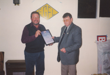 Photograph - East Gippsland Football League President Bert Williamson and Ross Bennett  2001, Lakes Post Newspaper