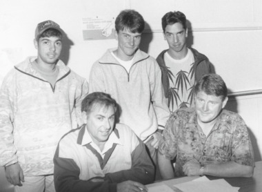 Photograph - Bob Bassett Building Inspector and Allan Bolding Builder with three East Gippsland students 1995, Lakes Post Newspaper