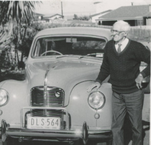 Photograph - Dave Ford with his restored Austin A 40, Lakes Post Newspaper, 1991