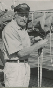 Photograph - Andy Henderson with his gaff rigged vessel Matilda, Lakes Post Newspaper