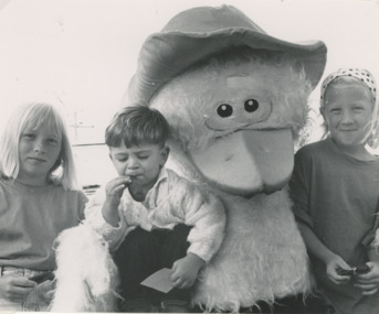 Photograph - Emily and Katherine Brew of Lake Tyers Beach and Umut Gokeet with Syd Seagull, Lakes Post Newspaper, 1992c