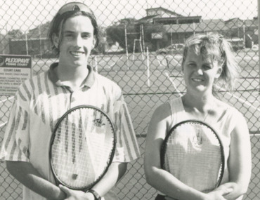 Photograph - Lakes Entrance Tennis Club champions Jarrod Pye and Nicole Leeder 1995, Lakes Post Newspaper