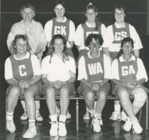 Photograph - Andrea Cox Becky Saile Jane Morrison Sandy Bendall Carly Carstairs Annette Baker Appleby Sharon Chasser with coach Maureen, Lakes Post Newspaper, 1993