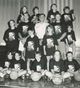 Photograph - Bob Haldane Gippsland Lightening players Craig Fitzsimmons and Phil Shelley with thirteen junior players unnamed Lakes Entrance Victoria, Lakes Post Newspaper, 1994 95