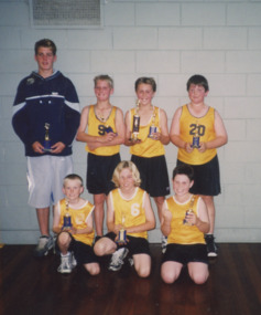 Photograph - Tim Whelan coach Andrew Whelan, Jed Costigan, Ben Fiedler, Callum White, Brent White, Nathan Price, Lakes Post Newspaper, December 6 2001