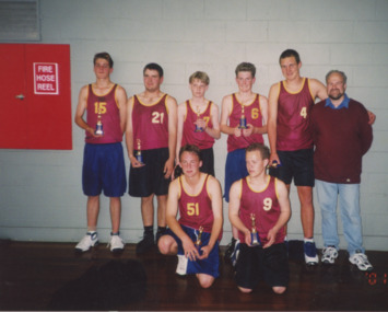 Photograph - Tim Whelan coach Brendan Fiedler, Daniel Macklin, Xavier Ellis, David Kelly , Trevor Bassett. coach Rhys Allitt, Hayden Bassett, Lakes Post Newspaper, 4/12/2001 12:00:00 AM