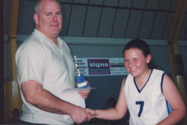 Photograph - J LeMaitle with President and coach Geoff Downing, Lakes Post Newspaper, 1999c