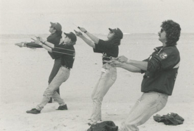 Photograph - Adam Fisher, Brenton Woodman, Allison Rubin, Arista Marcu in action on the beach at Lakes Entrance Victoria, Lakes Post Newspaper, Kite Flying Lakes Entrance, 1/11/1992 12:00:00 AM