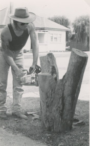 Photograph - chain saw artist  at Rotary Art Show held at the Old Mechanics Hall Lakes Entrance Victoria, Lakes Post Newspaper, 1/01/1992 12:00:00 AM