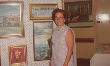 Photograph - Marie Fish at Art workshop exhibition at RSL Hall Lakes Entrance Victoria, M Fish, 1980