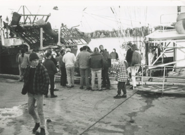 Photograph - Scallop fishermen crews and boats at Eastern Wharf.  Lakes Entrance Victoria, Lakes Post Newspaper, 1/07/1996 12:00:00 AM