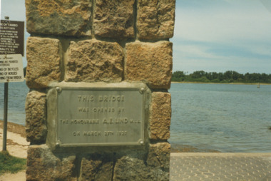 Photograph - plaque on footbridge  Lakes Entrance Victoria, Bessie Larkins, 1985