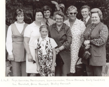 Photograph - Faye Lancaster,Jean Cockrane, Karen Lancaster, Trevor Hancock, Emily Carstairs, Ina Burchell, Brian Hancock and Shirley Hancock, Carstairs Family Lakes Entrance Victoria, 1972