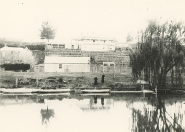 Photograph - Terraced gardens and sign for boats for let on Mitchell River near Bairnsdale Victoria, 1910 c