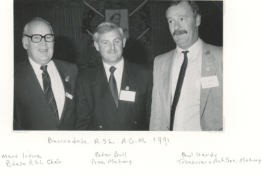 Photograph, Lakes Post Newspaper, Merv Irwine, Peter Bull, Paul Hardy: RSL Metung Victoria, 1/05/1991 12:00:00 AM