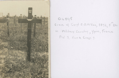 Postcard, Cpl ED McRae, grave in Ypres Military Cemetery Ypres France, 1915c