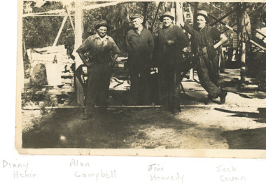 Photograph - Fouroil workers  Lakes Entrance Victoria, Dinny Hehir, Jim Kennedy, Alan Campbell, Jock Gunn at Lakes Entrance Victoria, 1930 c