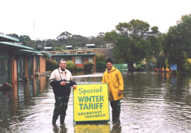 Photograph - floods 1998 Lakes Entrance Victoria, George Kyriakoo and Michael Pompaii at Sherwood Lodge Motel Lakes Entrance Victoria, 1/06/1998 12:00:00 AM