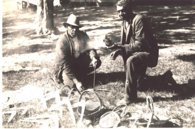 Photograph - Aboriginal men making fire, Mission Station Lakes Tyers Victoria, Bulmer