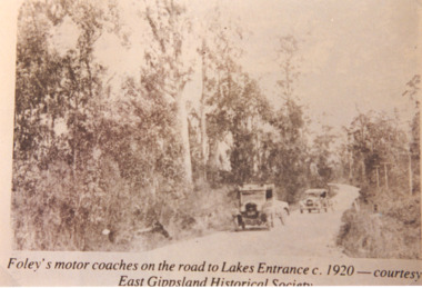 Photograph - Foleys Motor Coaches, Foleys motor coaches on the road to Lakes Entrance, 1920 c