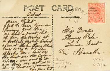 Postcard - Correspondence to Miss Evans at Lima East from Orbost, H D Bulmer, 1907 c