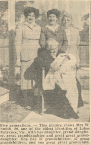Photograph - Smith Family Lakes Entrance Victoria 1955, Five Generations of Smith Family with baby Gloria, 5.10.1955