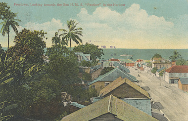 Postcard - Postcard WW1 c1914   Freetown, Looking toward the Sea  H.M.S."Panther" in the Harbour