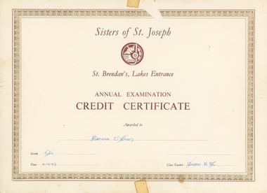 Certificate - Sisters of St Joseph St Bredans Annual Examination Credit Certificate, Annual Examination Credit Certificate, 11.12.1967
