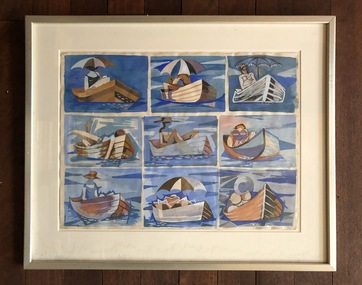 Work on paper, Dorothy Braund, Sheet of Nine Studies - Figures in Boats, 1974