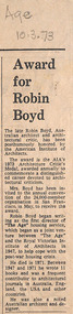 Newspaper - Clipping, The Age, Award for Robin Boyd, 10.03.1973